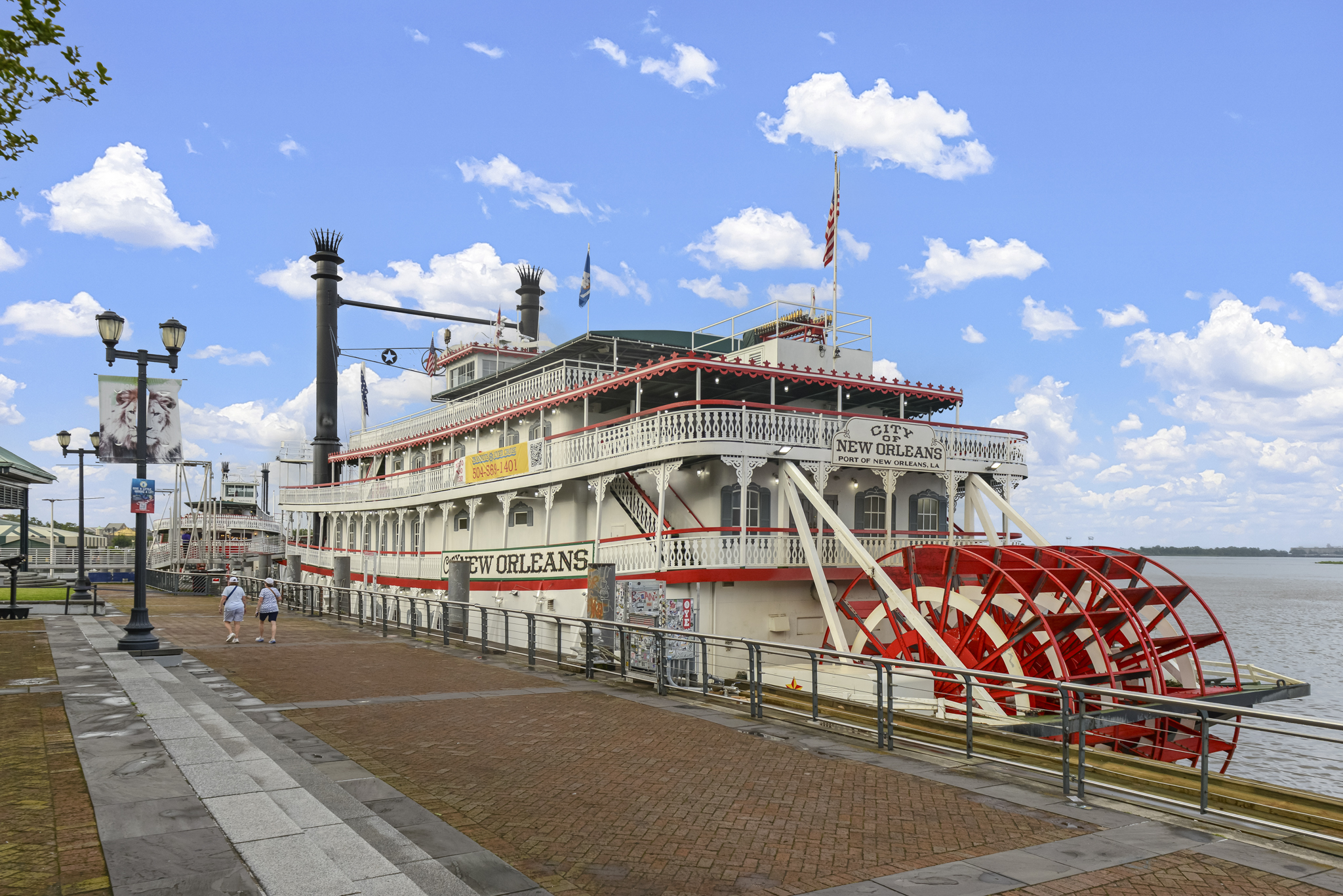 The City of New Orleans steamboat docked on the Mississippi River riverfront